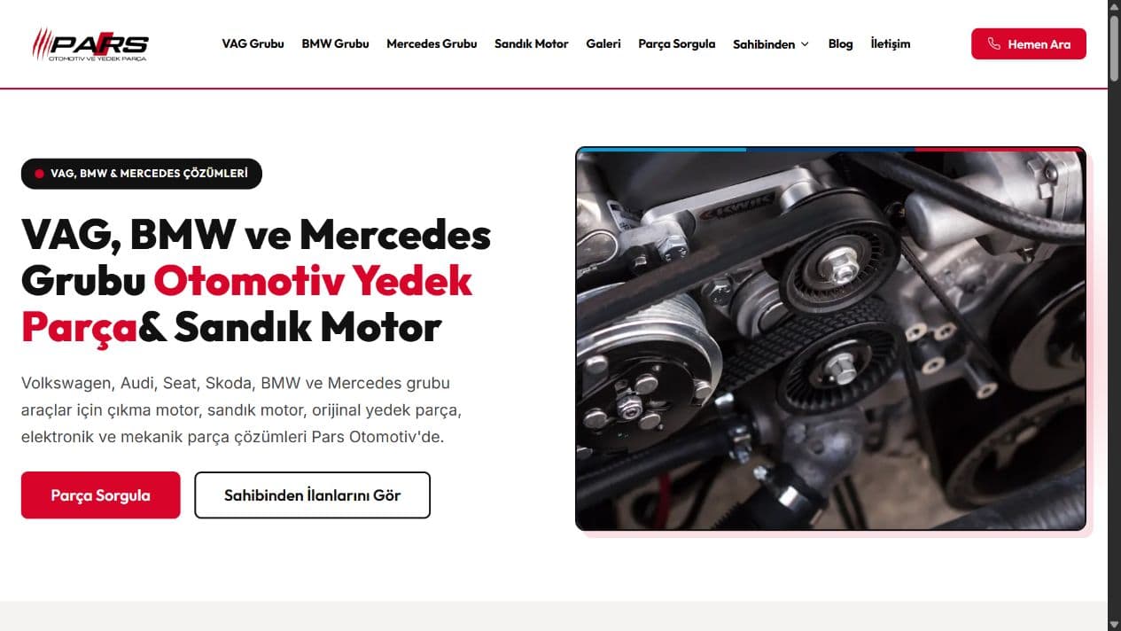 Pars Otomotiv web sitesinin ana sayfa tasarımı