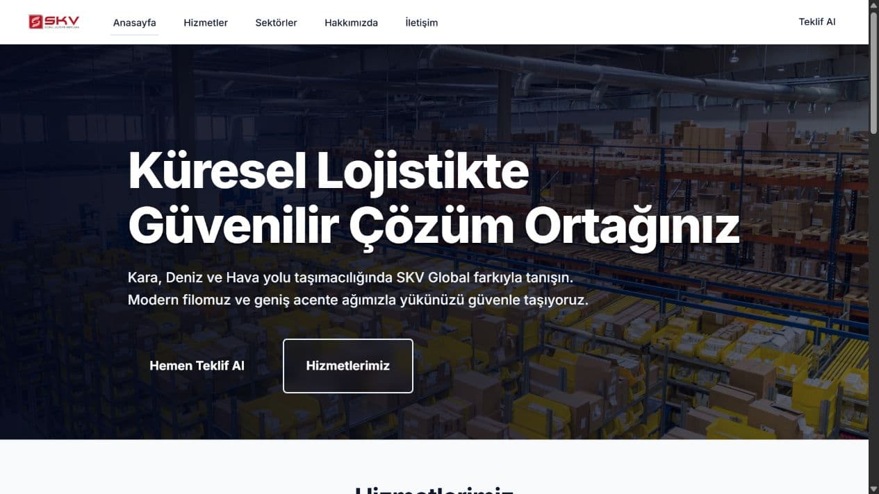 SKV Global web sitesinin ana sayfa tasarımı