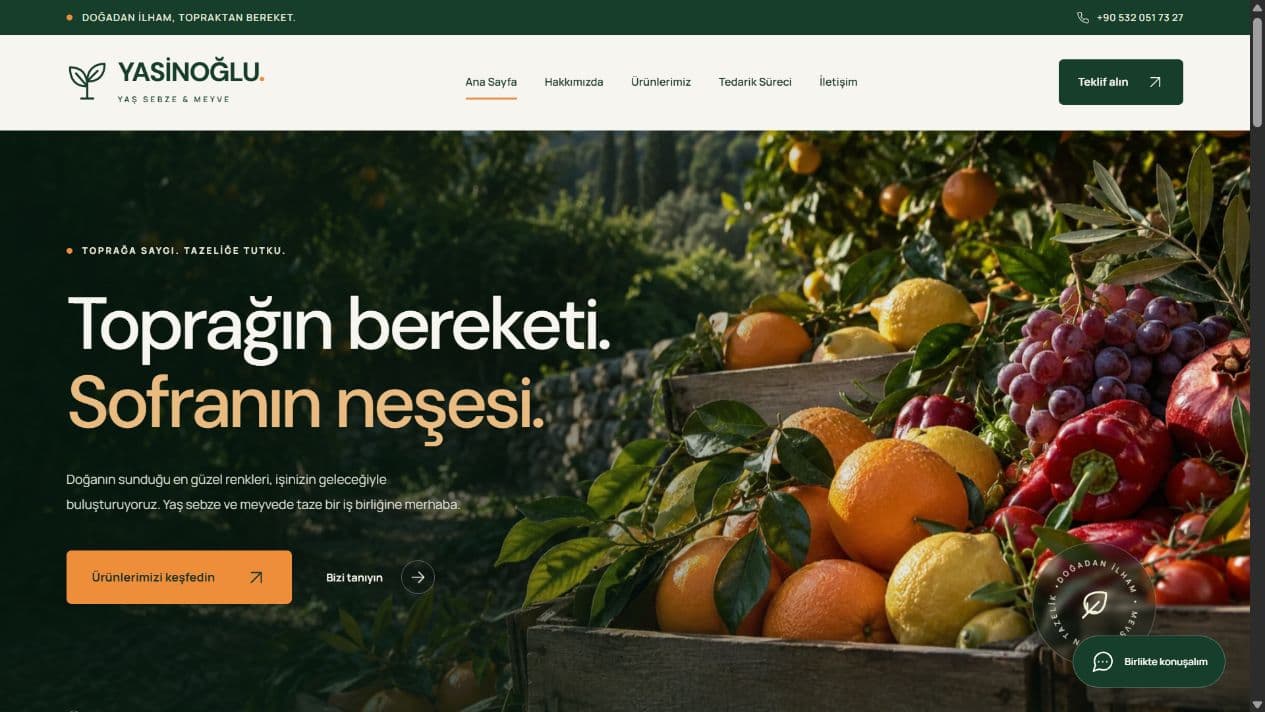 Yasinoğlu web sitesinin ana sayfa tasarımı